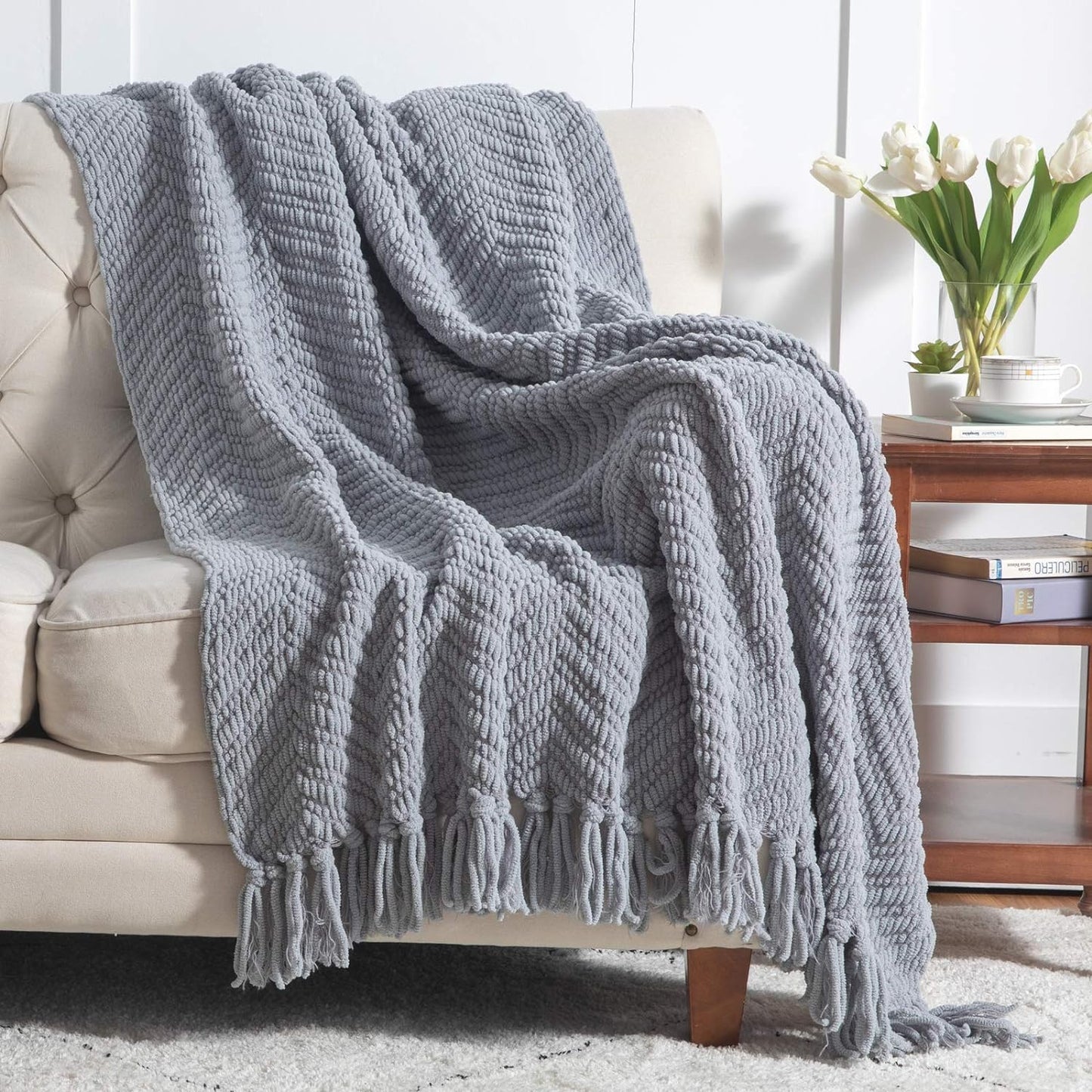 Bedsure Cream Throw Blankets for Couch - Textured Chunky Knit Woven Chenille Blanket - Super Soft, Warm Decorative Boho Throw with Tassels for Bed, Sofa and Living Room Decor, Ivory, 50x60 Inches