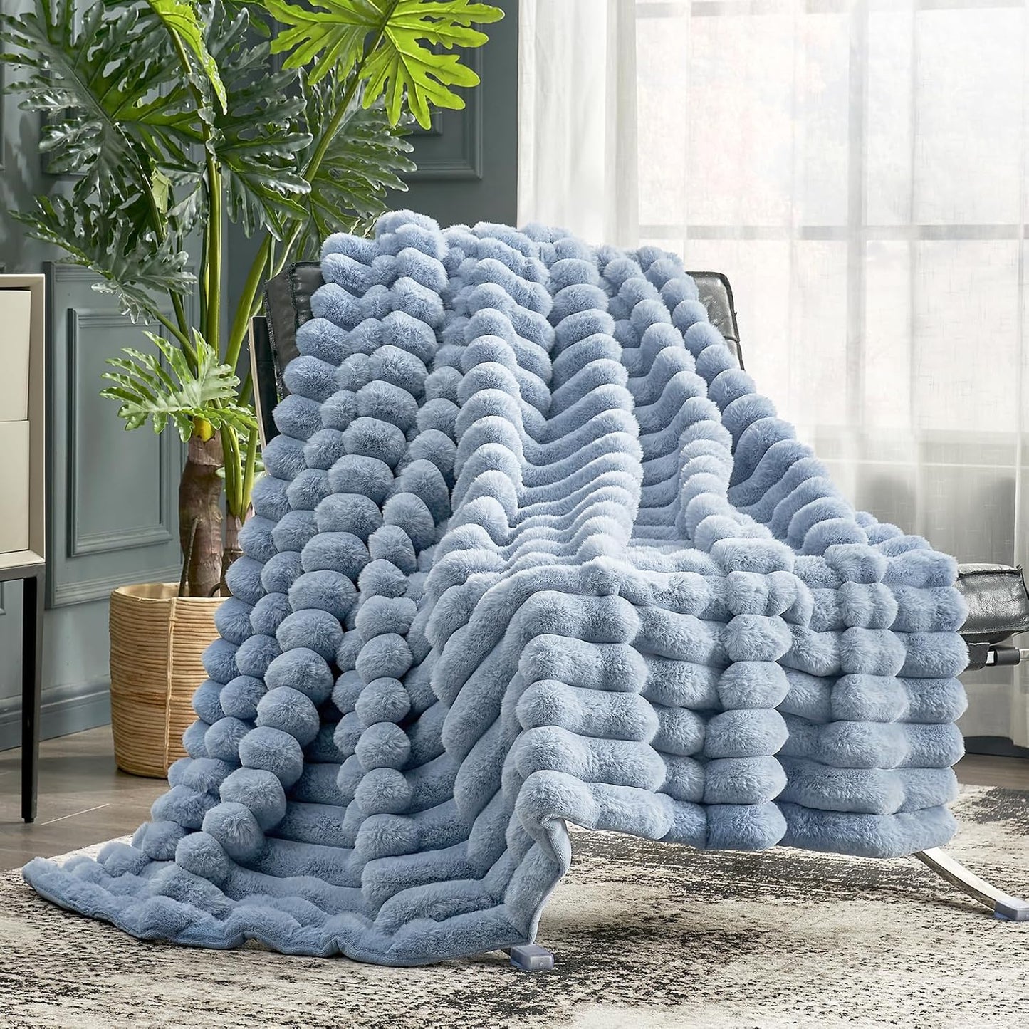 Cozy Bliss Faux Fur Throw Blanket for Couch, Cozy Warm Plush Striped Blanket for Sofa Bedroom Living Room,50 * 60 Inches Grey