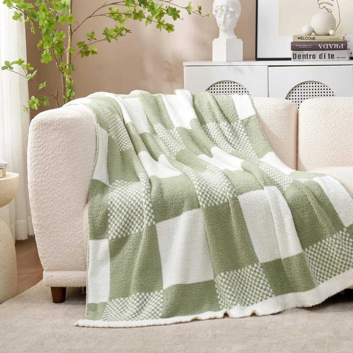 Snuggle Sac Checkered Blanket, Sage Green Throw Blanket for Couch Plaid Microfiber Fluffy Warm Cozy Fuzzy Soft Throw Blanket Reversible Checker Blankets for Sofa, Chair, Bed, 50x60 inches