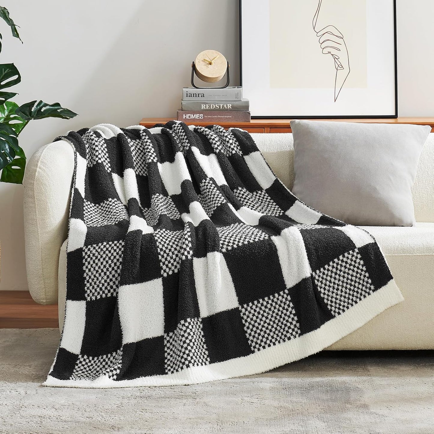 Snuggle Sac Checkered Blanket, Sage Green Throw Blanket for Couch Plaid Microfiber Fluffy Warm Cozy Fuzzy Soft Throw Blanket Reversible Checker Blankets for Sofa, Chair, Bed, 50x60 inches