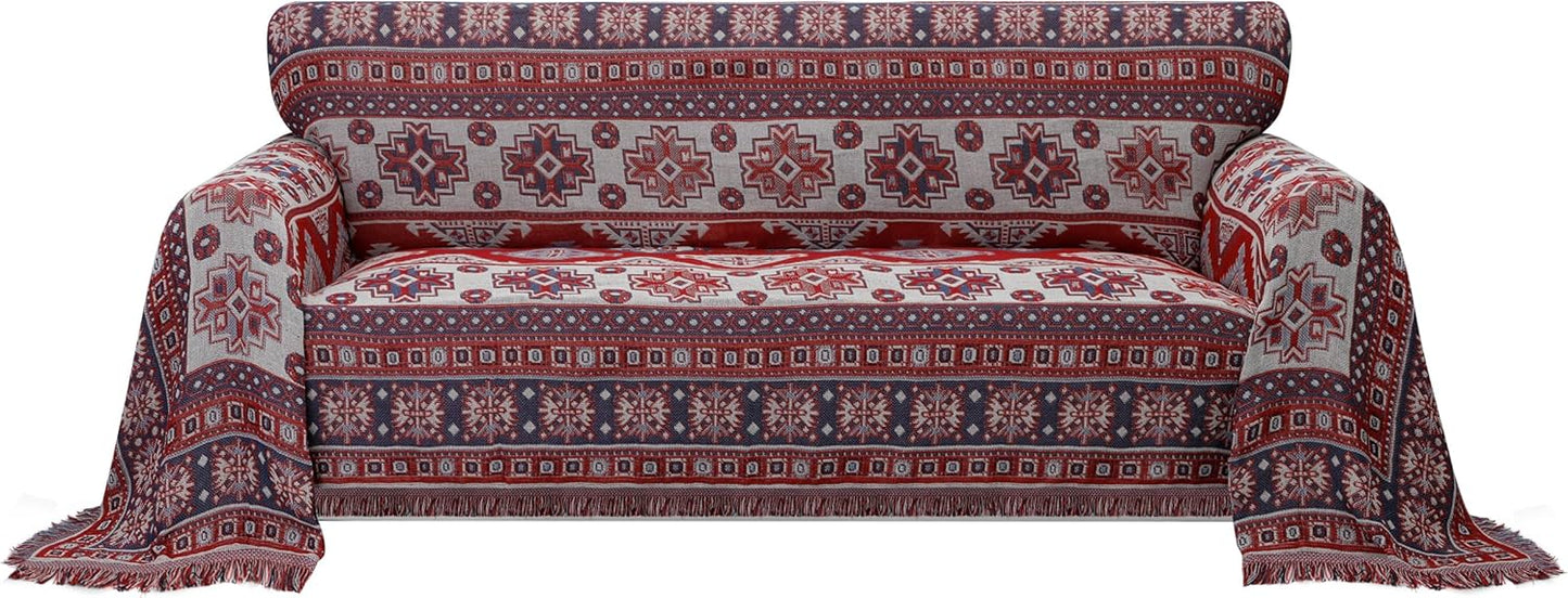 PureFit Geometric Jacquard Throw Sofa Cover - Textured Soft Washable Decorative Couch Covers for 3 Cushion with Tassels Furniture Protector for Pets, Kids (X-Large, Ivory)