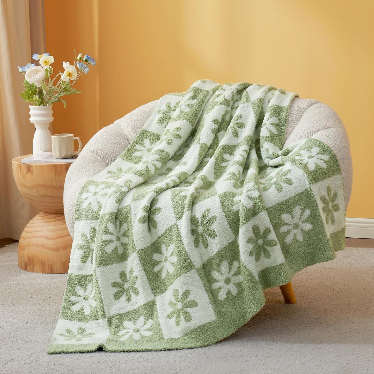 Snuggle Sac Checkered Blanket, Sage Green Throw Blanket for Couch Plaid Microfiber Fluffy Warm Cozy Fuzzy Soft Throw Blanket Reversible Checker Blankets for Sofa, Chair, Bed, 50x60 inches