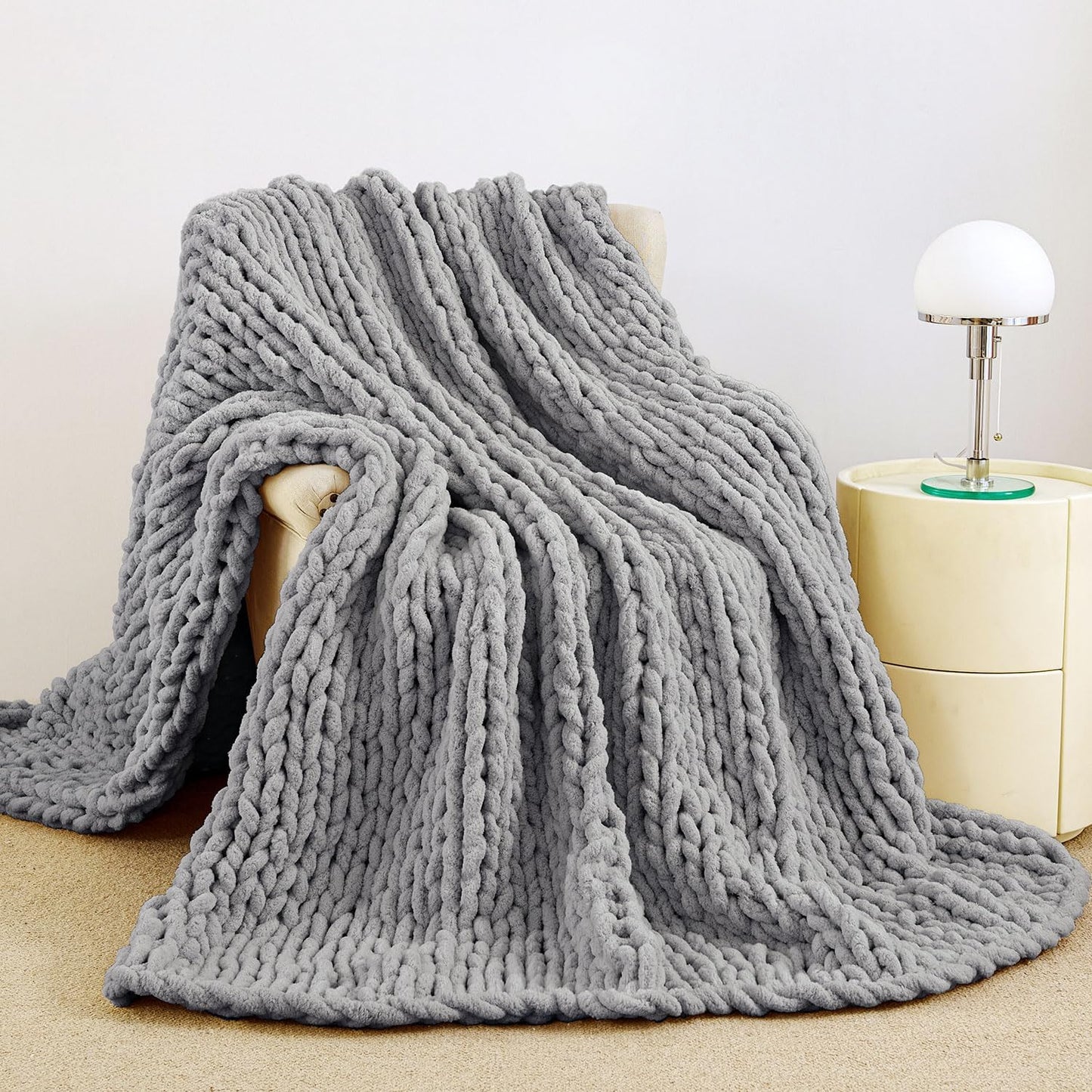 Admitrack Chunky Knit Blanket Throw 51"x63", 100% Hand Knit Chenille Throw Blanket for Sofa & Home Decor, Soft and Cozy Knitted Throw Blankets (Ivory，51"x63")