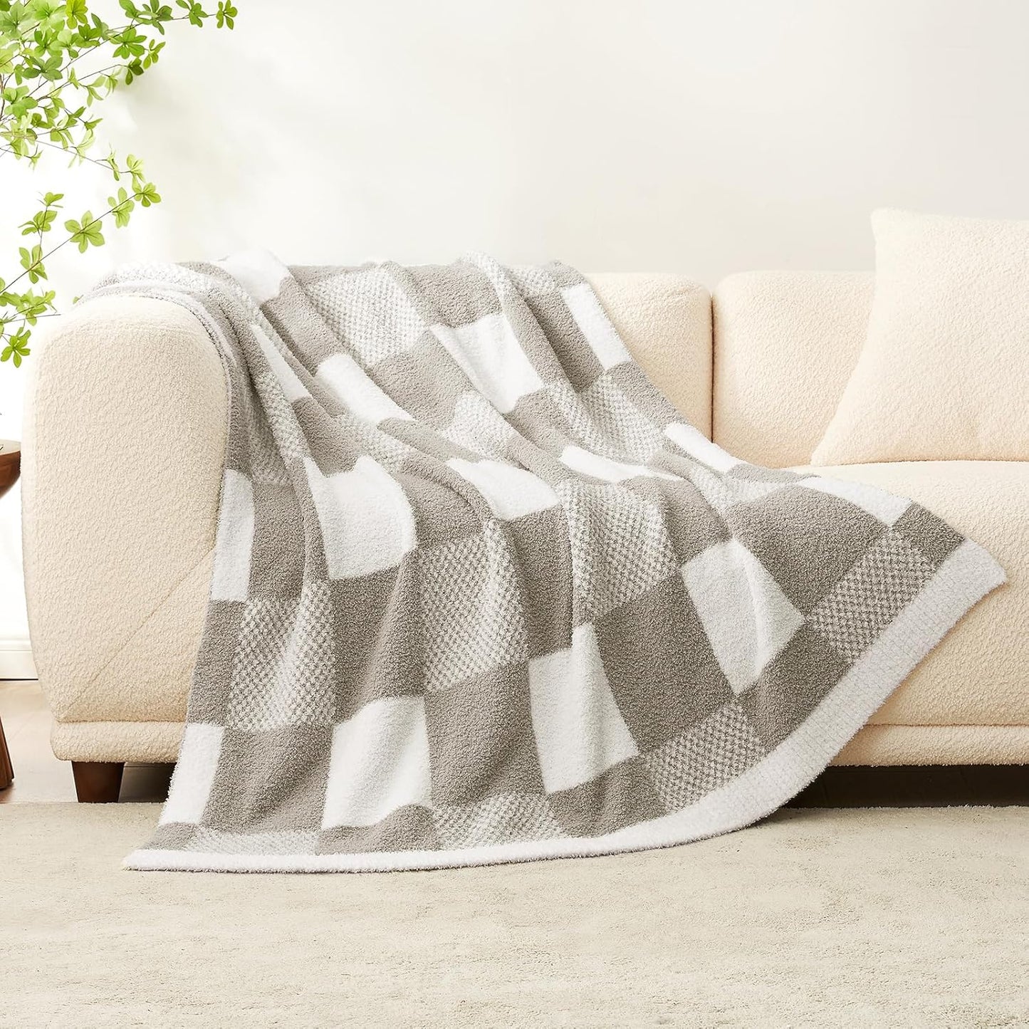 Snuggle Sac Checkered Blanket, Sage Green Throw Blanket for Couch Plaid Microfiber Fluffy Warm Cozy Fuzzy Soft Throw Blanket Reversible Checker Blankets for Sofa, Chair, Bed, 50x60 inches