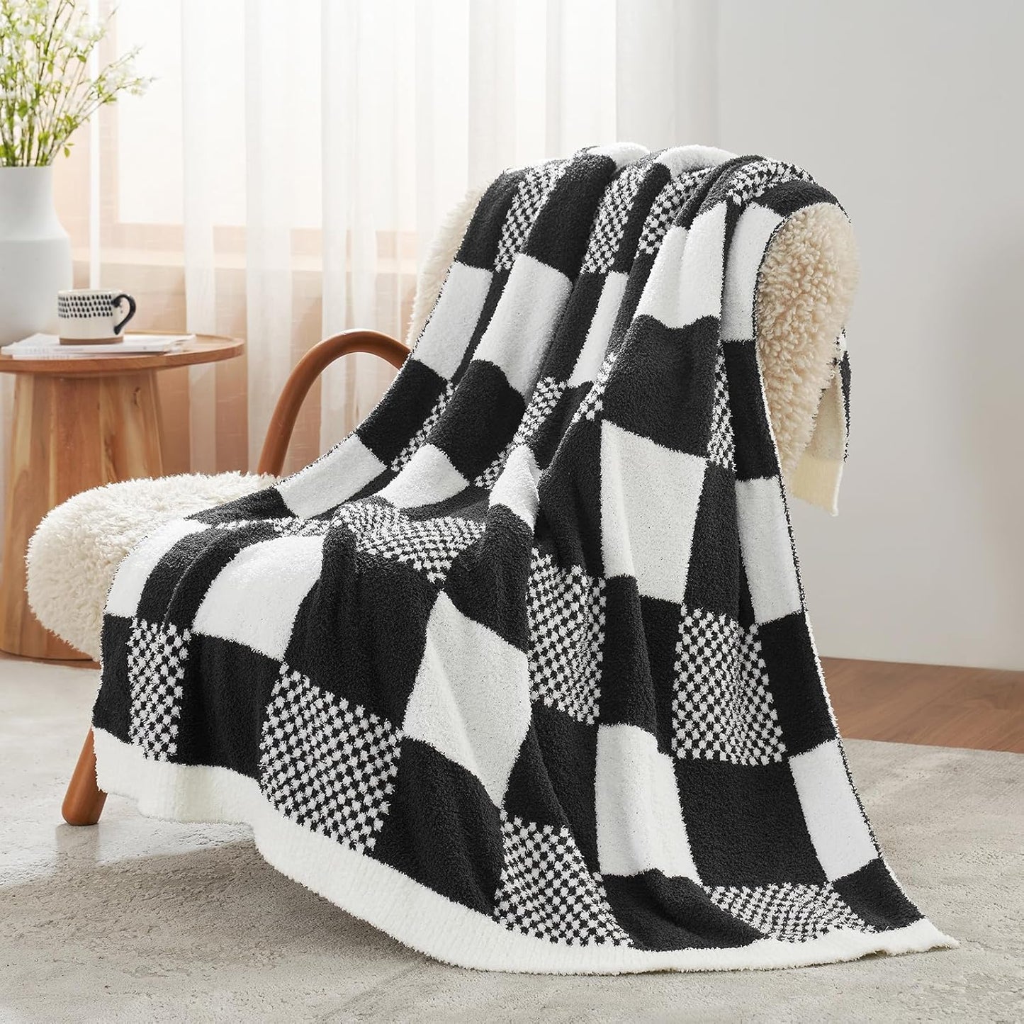 Snuggle Sac Checkered Blanket, Sage Green Throw Blanket for Couch Plaid Microfiber Fluffy Warm Cozy Fuzzy Soft Throw Blanket Reversible Checker Blankets for Sofa, Chair, Bed, 50x60 inches