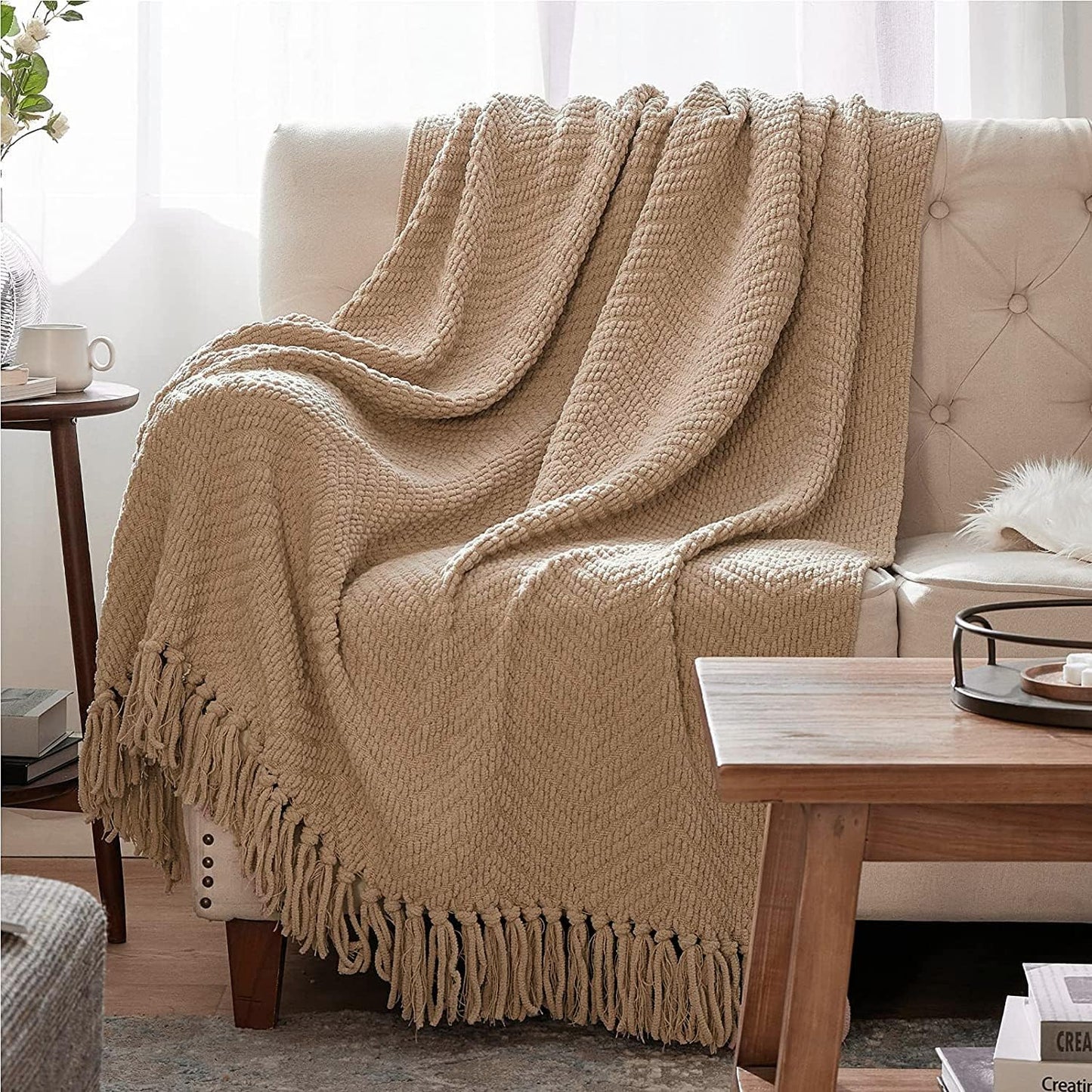 Bedsure Cream Throw Blankets for Couch - Textured Chunky Knit Woven Chenille Blanket - Super Soft, Warm Decorative Boho Throw with Tassels for Bed, Sofa and Living Room Decor, Ivory, 50x60 Inches