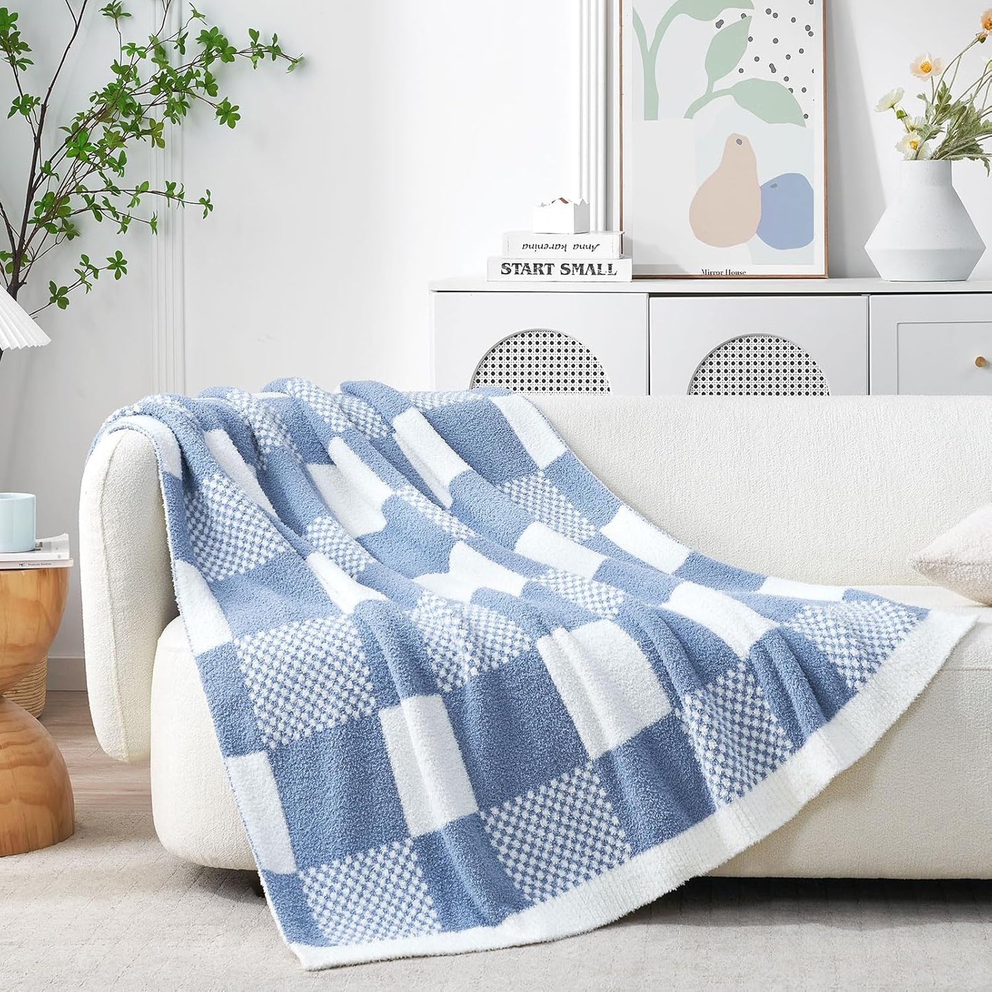 Snuggle Sac Checkered Blanket, Sage Green Throw Blanket for Couch Plaid Microfiber Fluffy Warm Cozy Fuzzy Soft Throw Blanket Reversible Checker Blankets for Sofa, Chair, Bed, 50x60 inches