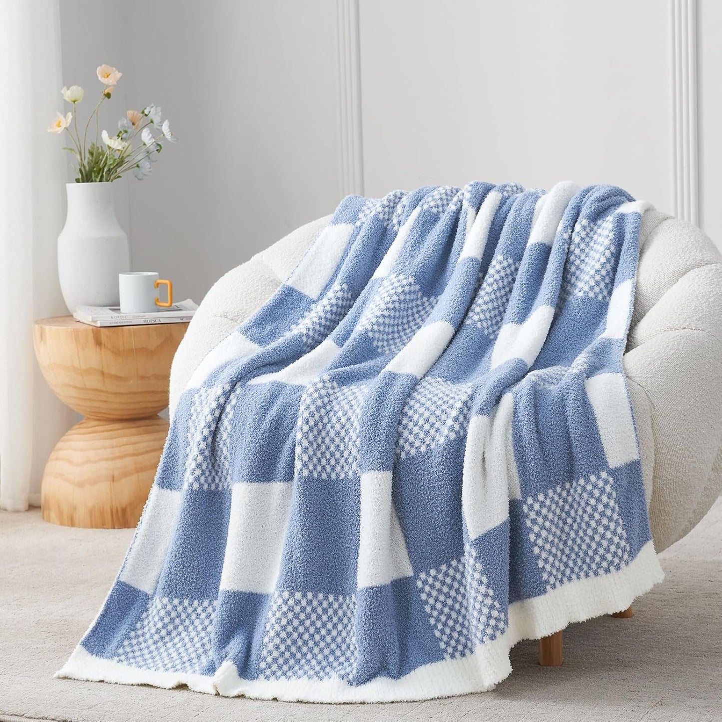 Snuggle Sac Checkered Blanket, Sage Green Throw Blanket for Couch Plaid Microfiber Fluffy Warm Cozy Fuzzy Soft Throw Blanket Reversible Checker Blankets for Sofa, Chair, Bed, 50x60 inches
