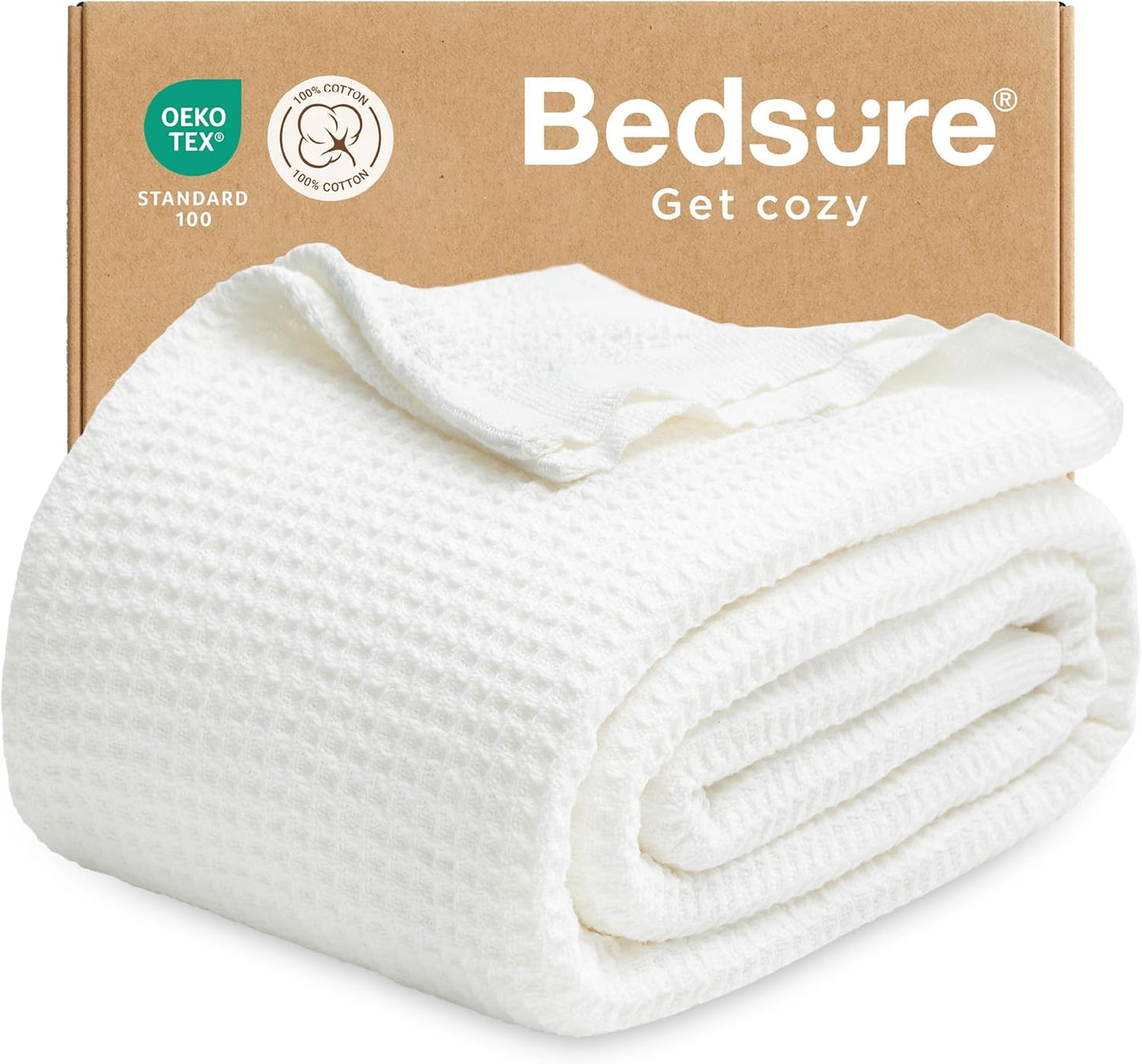 Bedsure 100% Cotton Blanket King Size for Bed - Breathable and Soft, Waffle Weave Blanket for Summer Spring, White, 104x90 inches