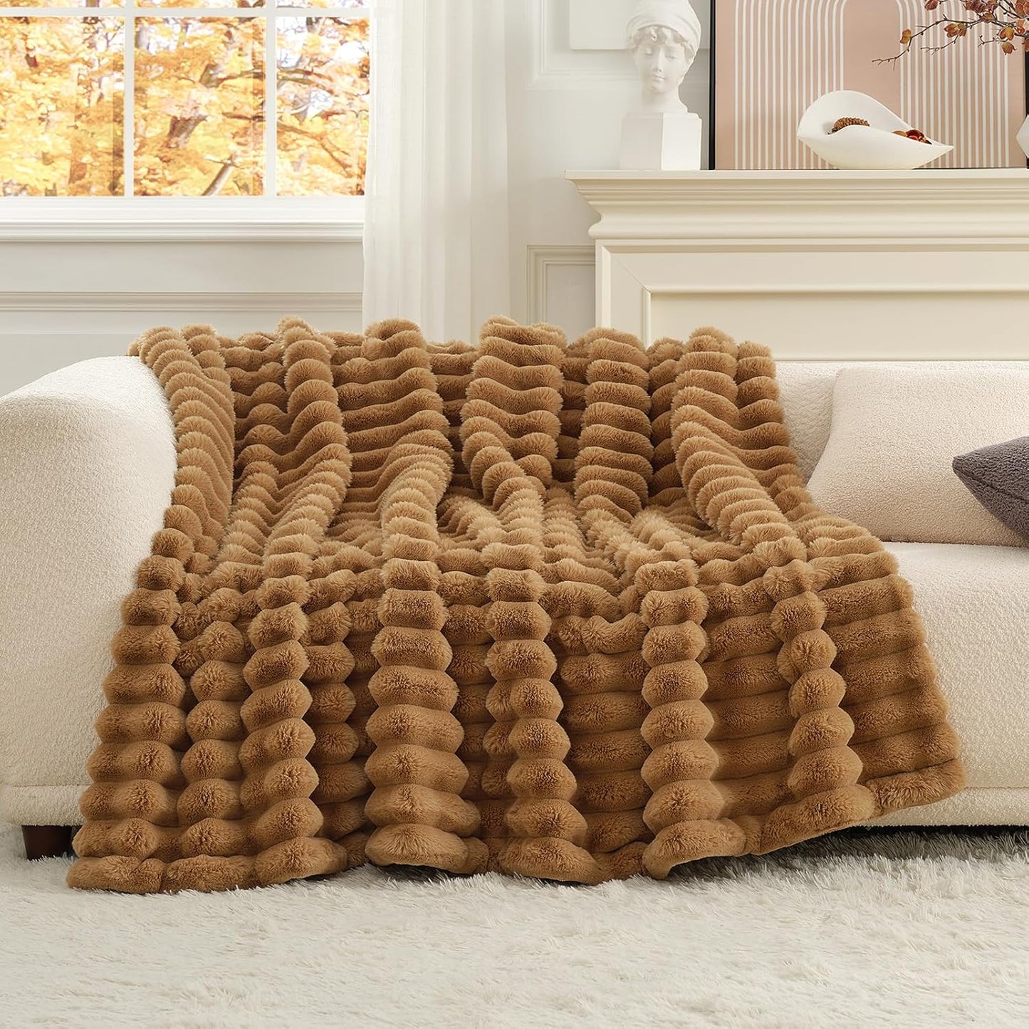 Cozy Bliss Faux Fur Throw Blanket for Couch, Cozy Warm Plush Striped Blanket for Sofa Bedroom Living Room,50 * 60 Inches Grey