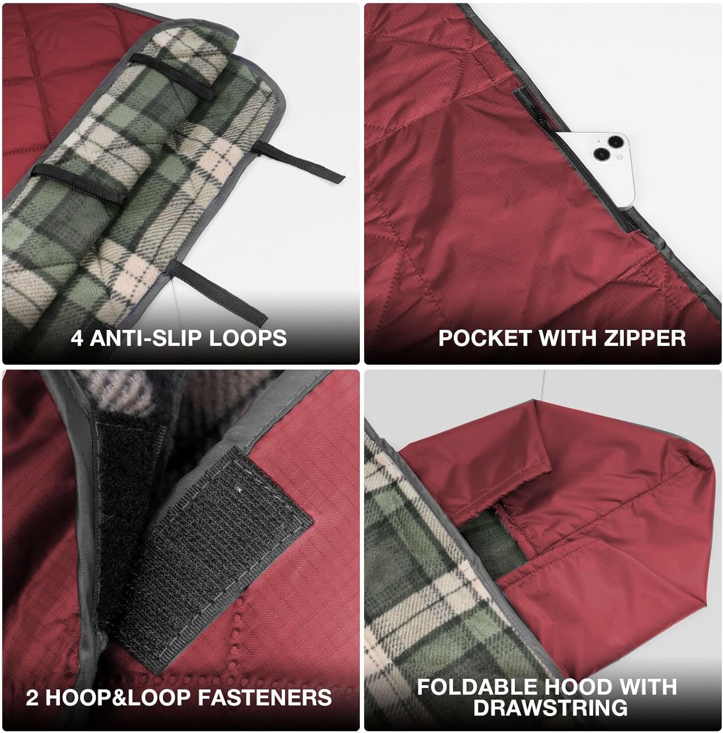DUKUSEEK Waterproof Camping Blanket with Super Thick Fleece Lining, Large Outdoor Blanket Windproof with Foldable Hood for Camping Stadium Sporting Events,79"x 58"