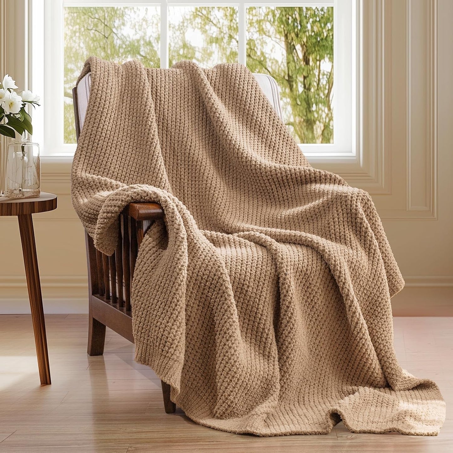 Waffle Knit Throw Blanket, Luxury Cozy Chunky Knit Throw Blanket for Couch, 50 x 60 Inch Thick Ultra-Soft Feather Yarn Knitted Blanket for Sofa, Bed, Home Decor - Off White