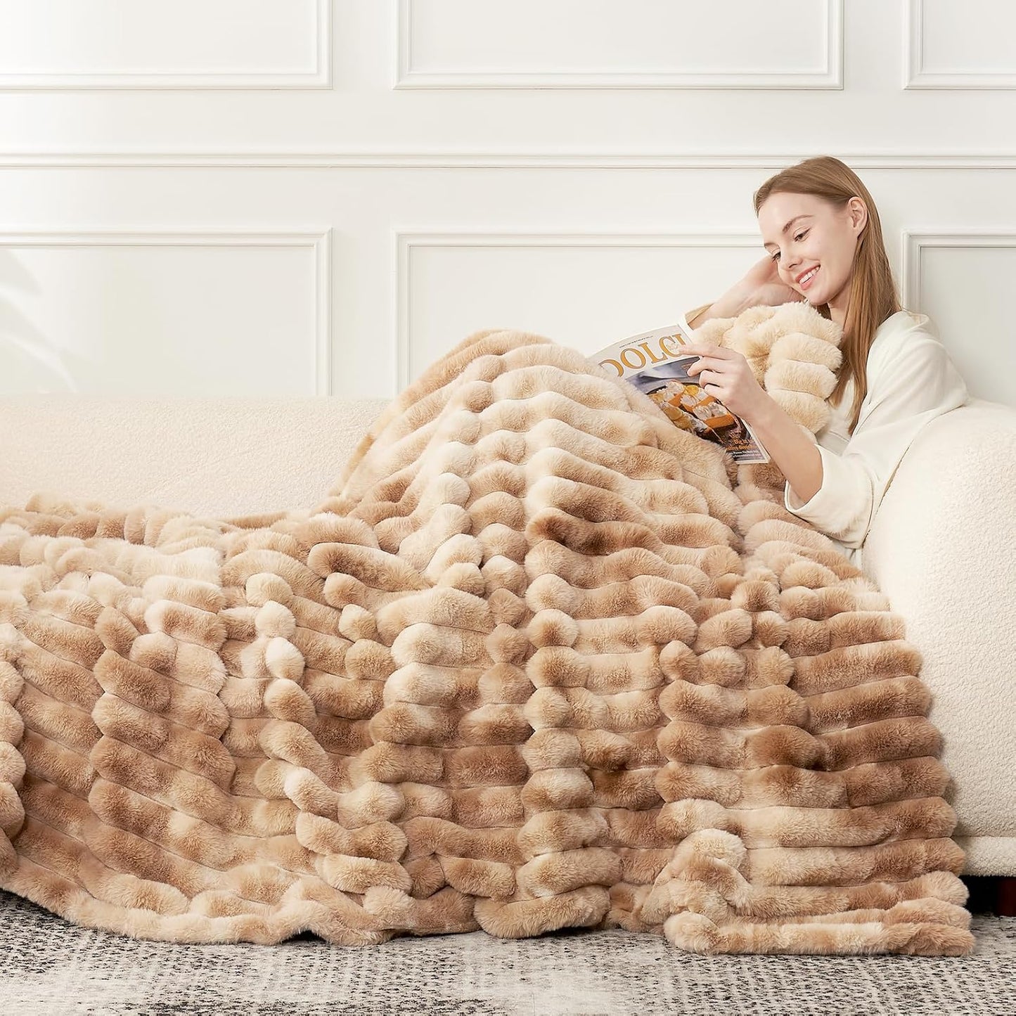 Cozy Bliss Faux Fur Throw Blanket for Couch, Cozy Warm Plush Striped Blanket for Sofa Bedroom Living Room,50 * 60 Inches Grey