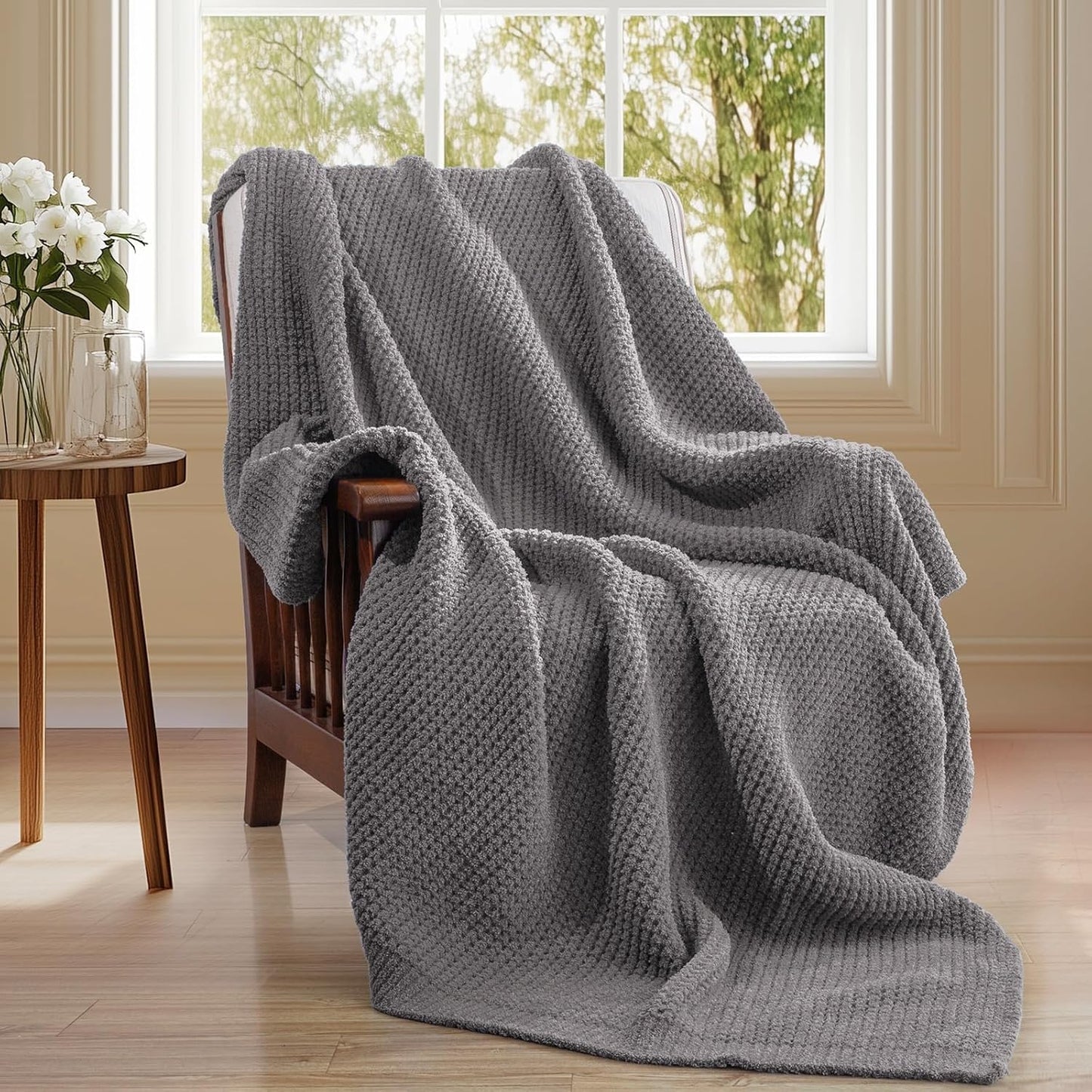 Waffle Knit Throw Blanket, Luxury Cozy Chunky Knit Throw Blanket for Couch, 50 x 60 Inch Thick Ultra-Soft Feather Yarn Knitted Blanket for Sofa, Bed, Home Decor - Off White