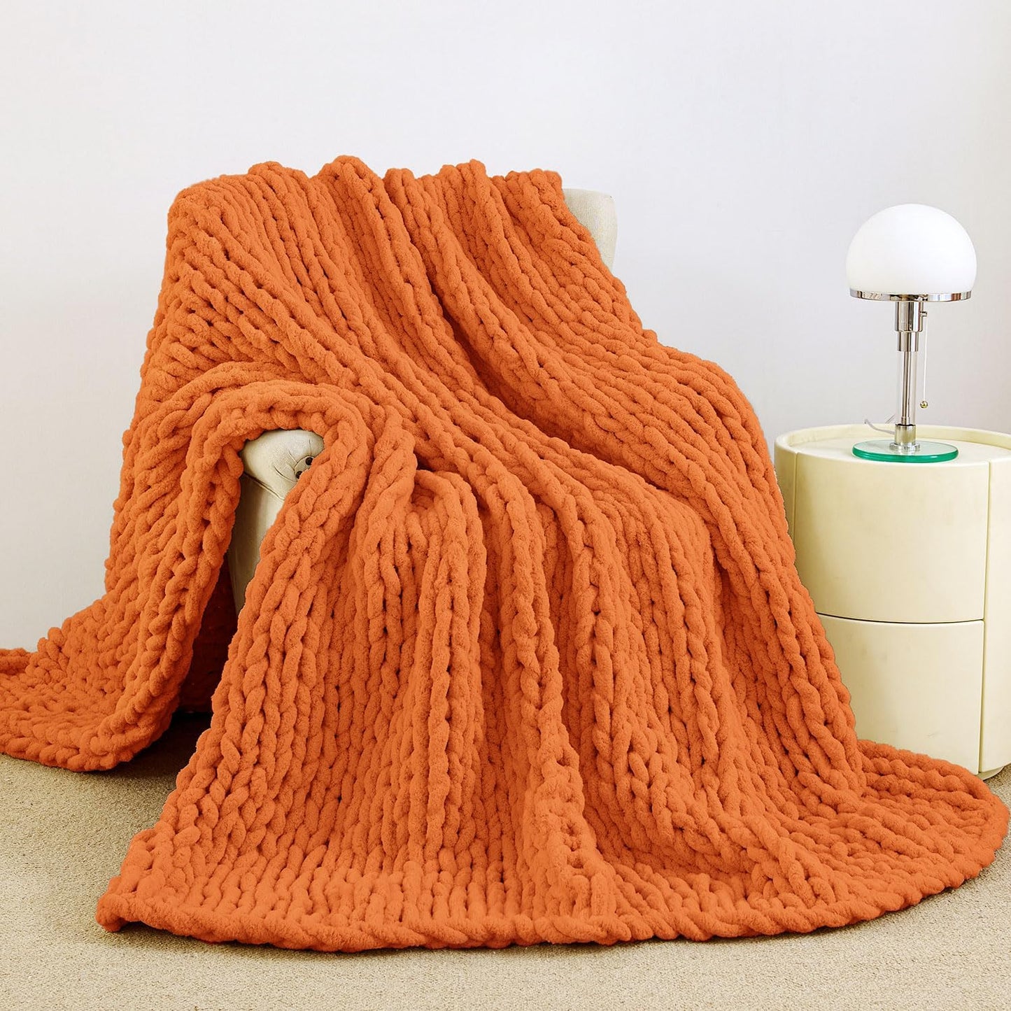 Admitrack Chunky Knit Blanket Throw 51"x63", 100% Hand Knit Chenille Throw Blanket for Sofa & Home Decor, Soft and Cozy Knitted Throw Blankets (Ivory，51"x63")