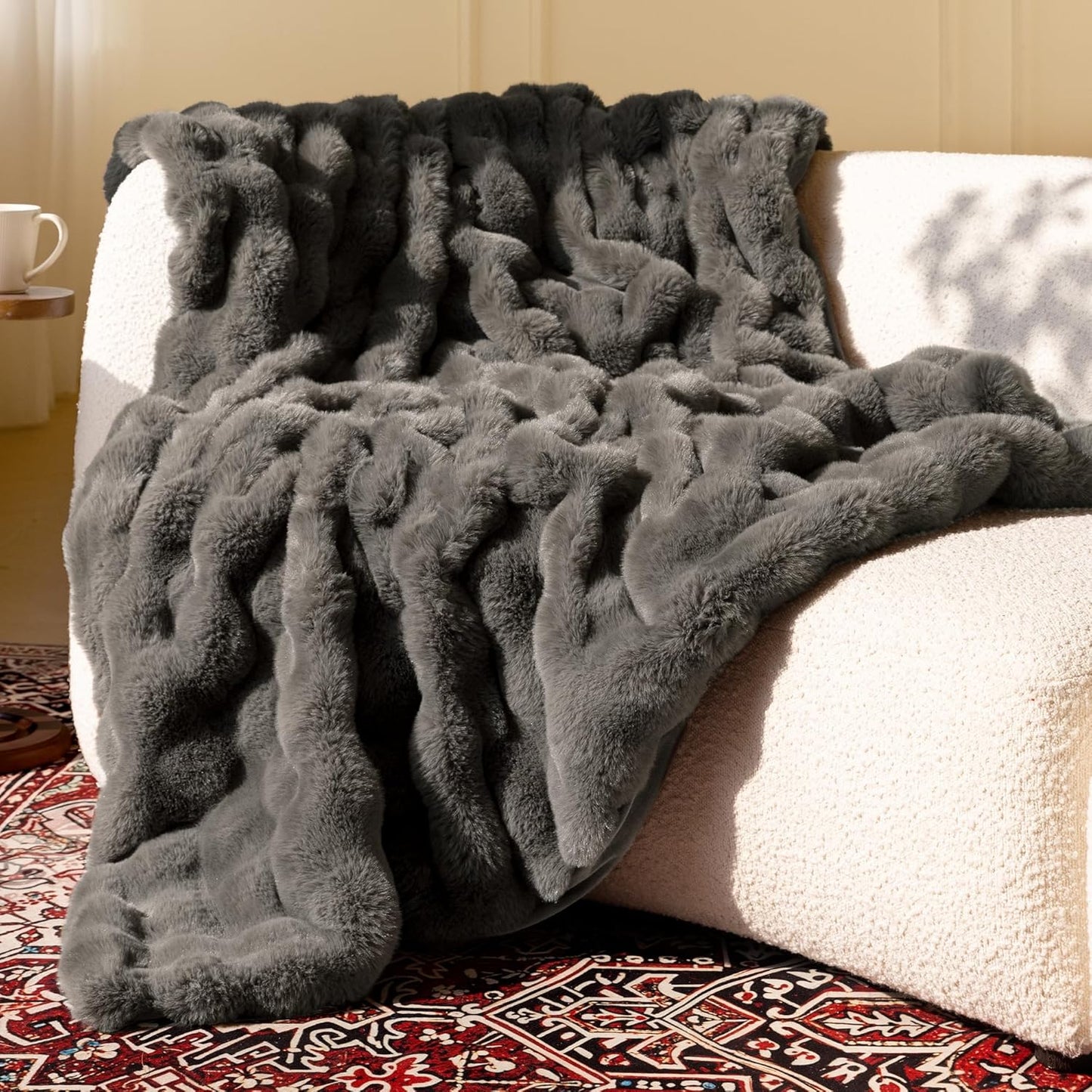 Ultra Soft Cozy Faux Fur Throw Blanket, Fuzzy Plush Thick Bubble Blanket, Luxury Fluffy Blanket for Couch, Sofa, Bedroom, and Living Room, 50x60 Inches, Cream White