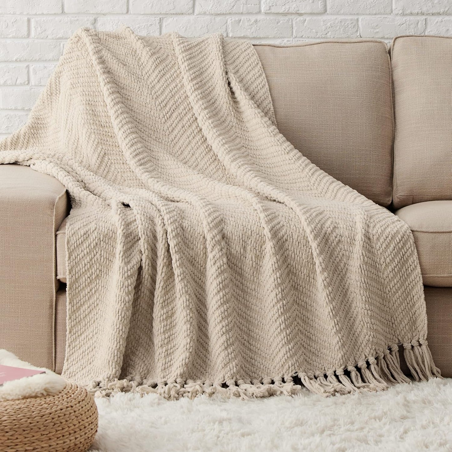 Bedsure Cream Throw Blankets for Couch - Textured Chunky Knit Woven Chenille Blanket - Super Soft, Warm Decorative Boho Throw with Tassels for Bed, Sofa and Living Room Decor, Ivory, 50x60 Inches