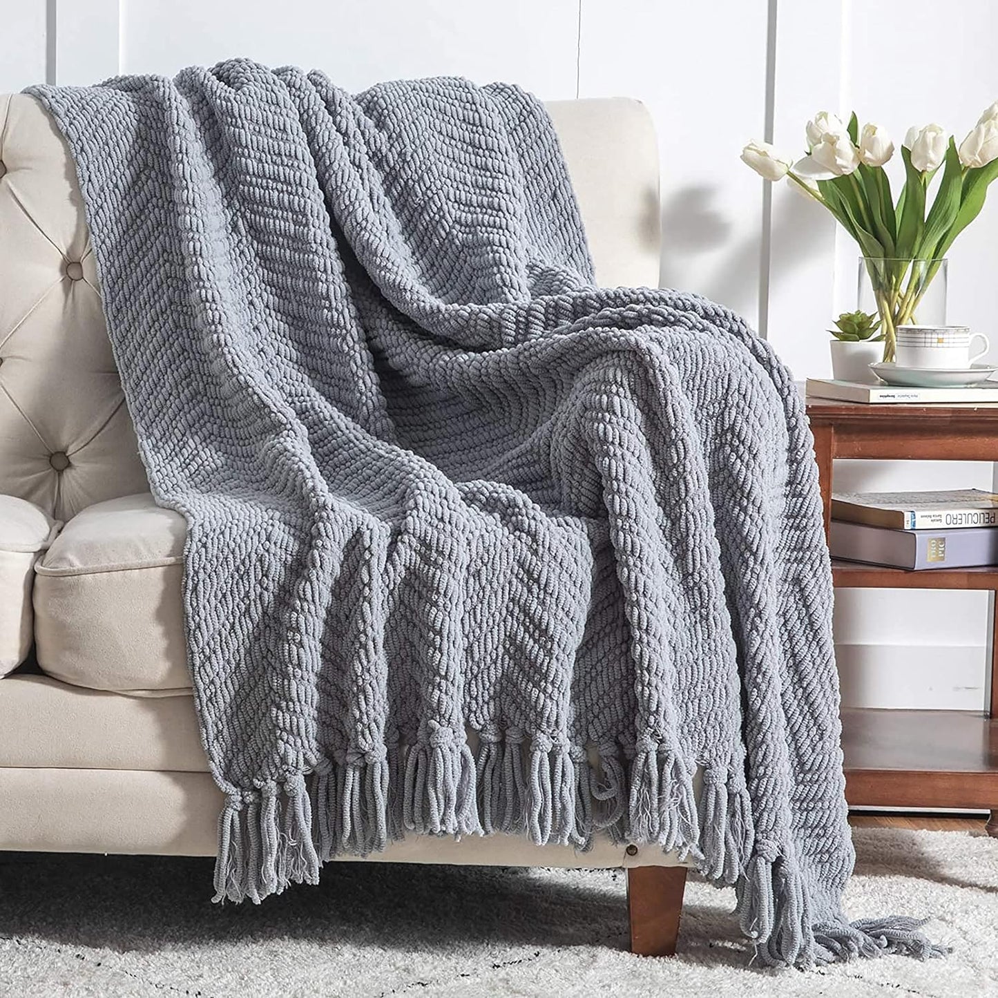 Bedsure Cream Throw Blankets for Couch - Textured Chunky Knit Woven Chenille Blanket - Super Soft, Warm Decorative Boho Throw with Tassels for Bed, Sofa and Living Room Decor, Ivory, 50x60 Inches