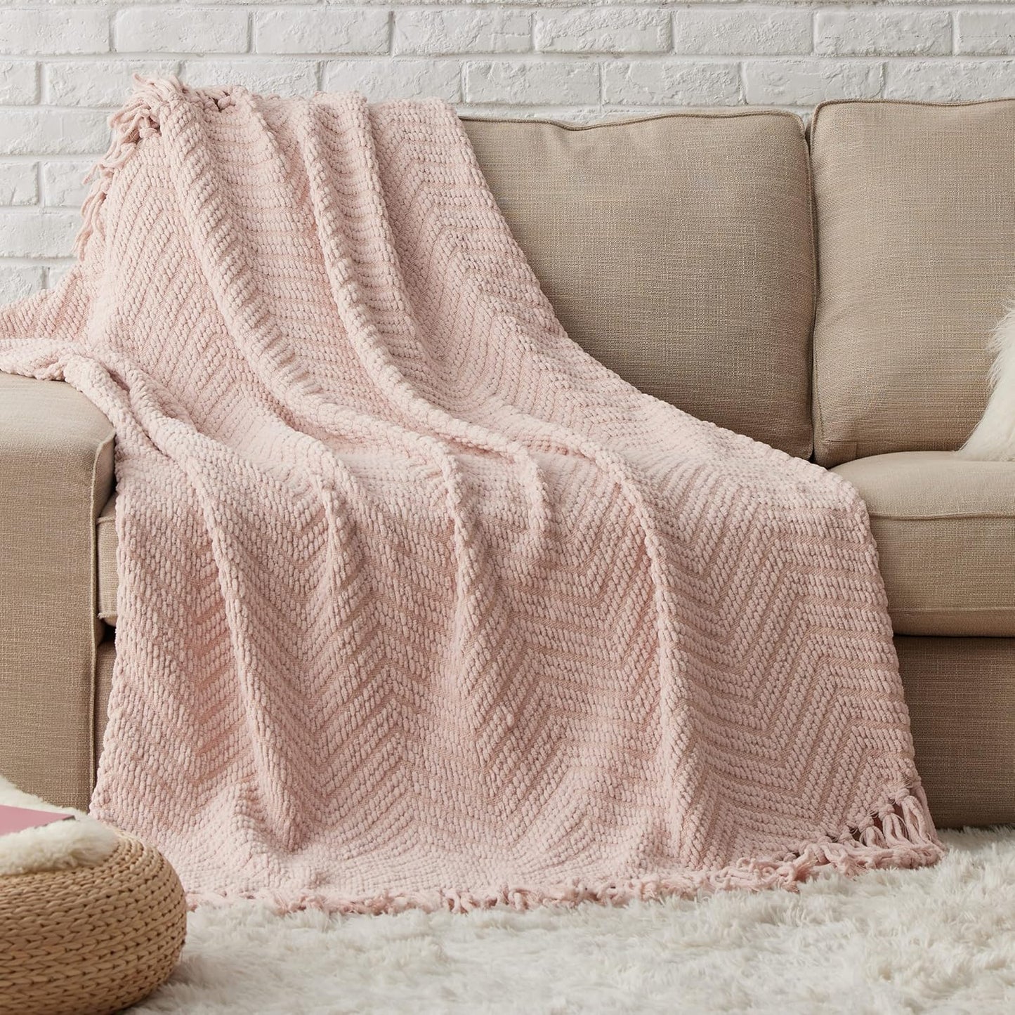 Bedsure Cream Throw Blankets for Couch - Textured Chunky Knit Woven Chenille Blanket - Super Soft, Warm Decorative Boho Throw with Tassels for Bed, Sofa and Living Room Decor, Ivory, 50x60 Inches