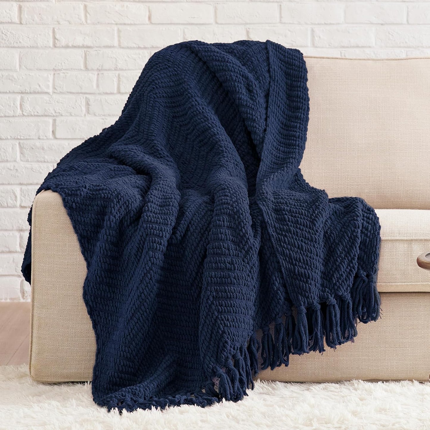 Bedsure Cream Throw Blankets for Couch - Textured Chunky Knit Woven Chenille Blanket - Super Soft, Warm Decorative Boho Throw with Tassels for Bed, Sofa and Living Room Decor, Ivory, 50x60 Inches
