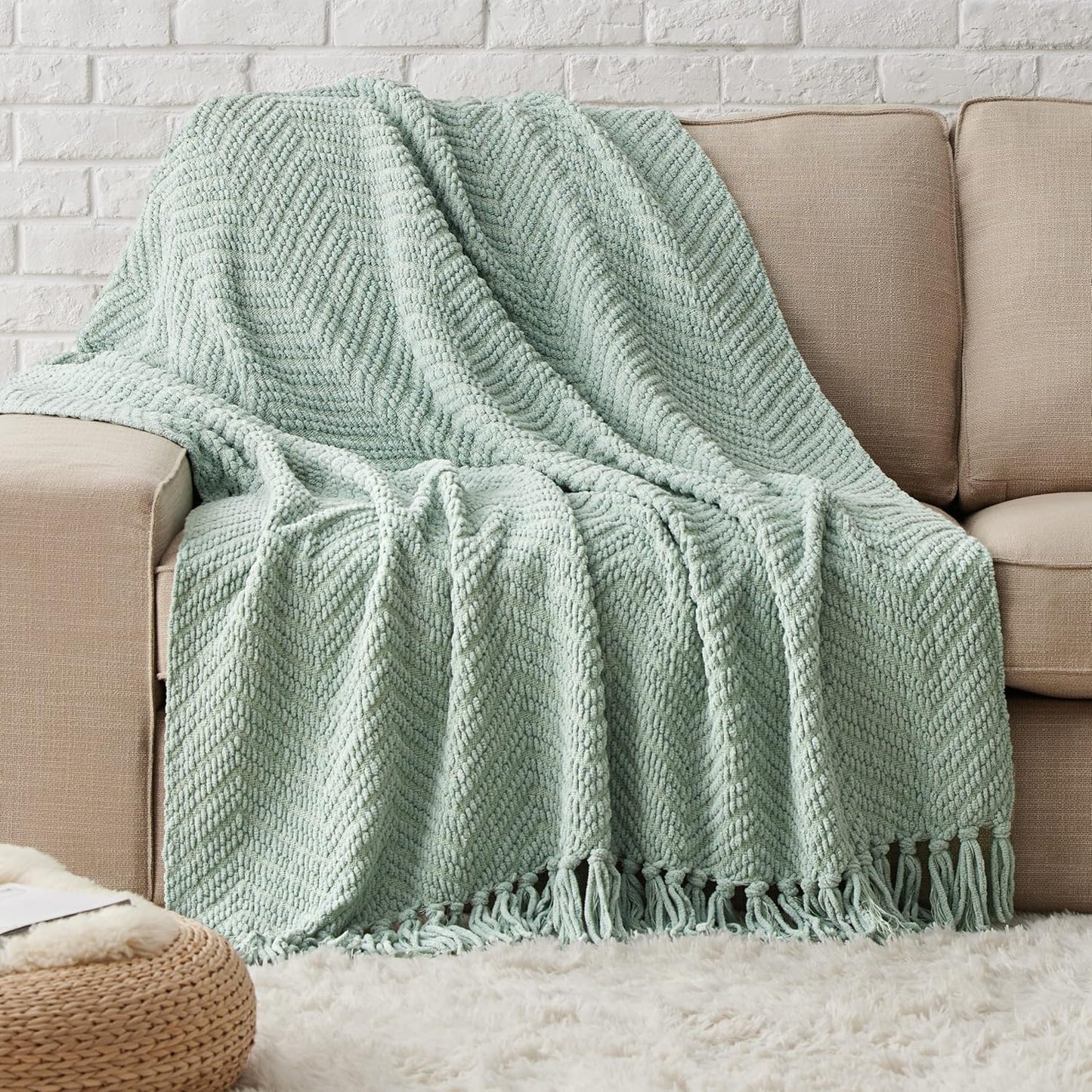 Bedsure Cream Throw Blankets for Couch - Textured Chunky Knit Woven Chenille Blanket - Super Soft, Warm Decorative Boho Throw with Tassels for Bed, Sofa and Living Room Decor, Ivory, 50x60 Inches