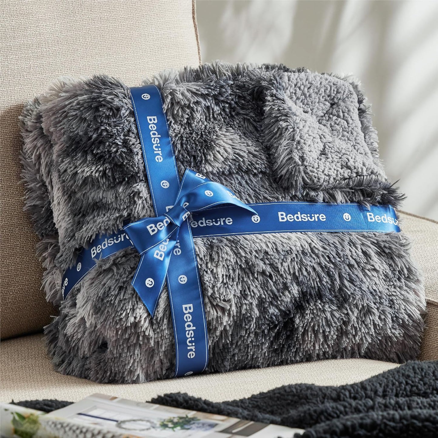 Bedsure Fluffy Fuzzy Throw Blanket Gifts for Women, Soft Cozy Plush Faux Fur Throw Blanket for Couch Bed, Minky Thick Warm Sherpa Fleece Fall Grey Room Decor Men Gifts Teenage Girls Teen Boys Mom Dad
