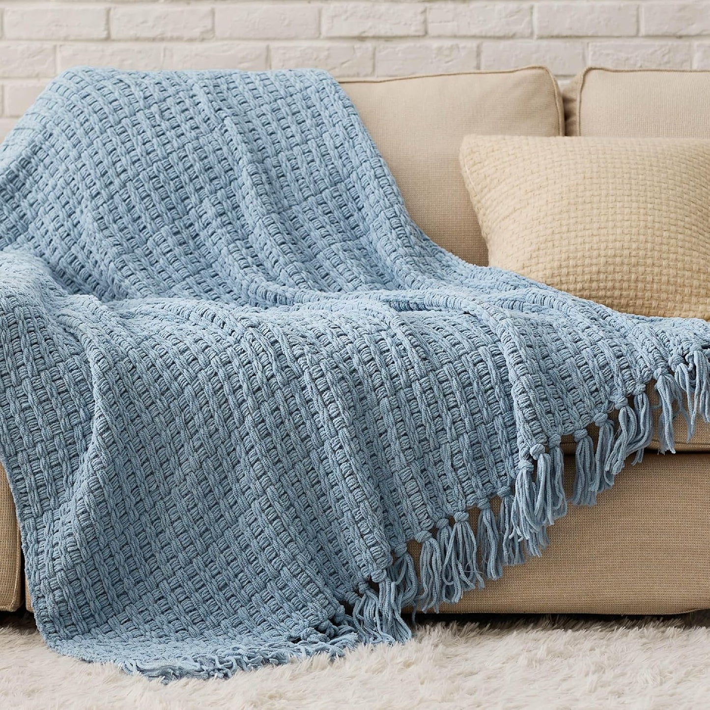 Bedsure Cream Throw Blankets for Couch - Textured Chunky Knit Woven Chenille Blanket - Super Soft, Warm Decorative Boho Throw with Tassels for Bed, Sofa and Living Room Decor, Ivory, 50x60 Inches
