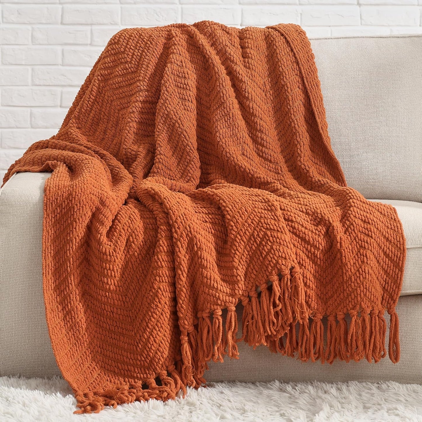 Bedsure Cream Throw Blankets for Couch - Textured Chunky Knit Woven Chenille Blanket - Super Soft, Warm Decorative Boho Throw with Tassels for Bed, Sofa and Living Room Decor, Ivory, 50x60 Inches